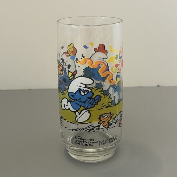 Smurf Clumsy and Harmony Collector Glass/Tumbler 1983 Peyo Vintage 6” Lot of 2 - Picture 8 of 11